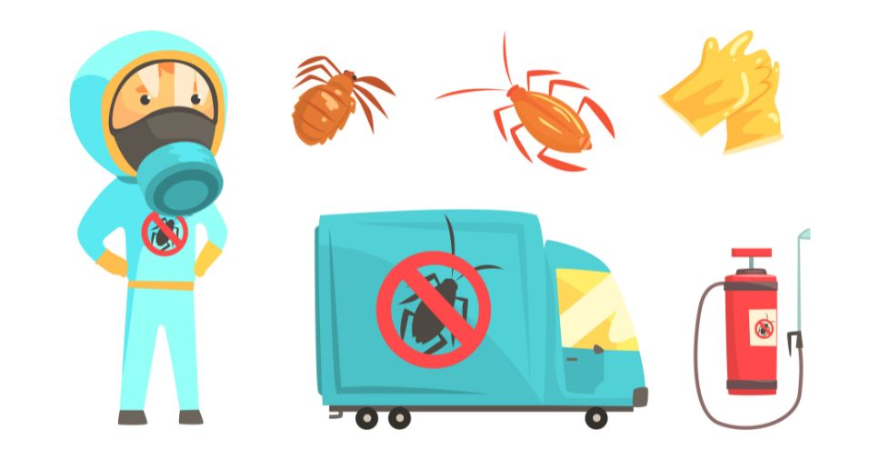 Ilustração de dedetizador e pragas explicam quanto tempo dura a dedetização.