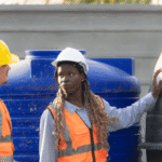 Trabalhadores de capacete inspecionam grandes reservatórios na manutenção de caixas d'água.