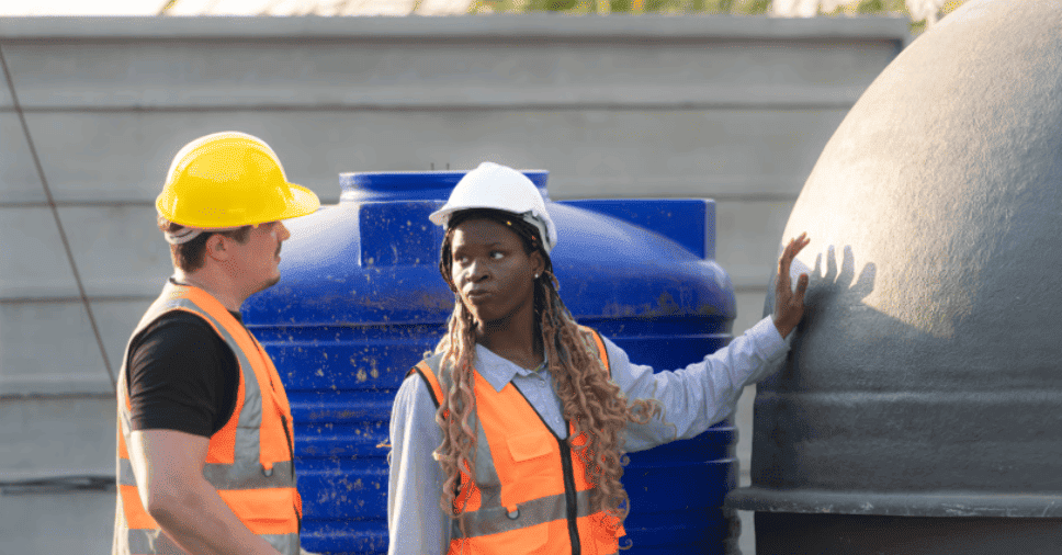 Trabalhadores de capacete inspecionam grandes reservatórios na manutenção de caixas d'água.