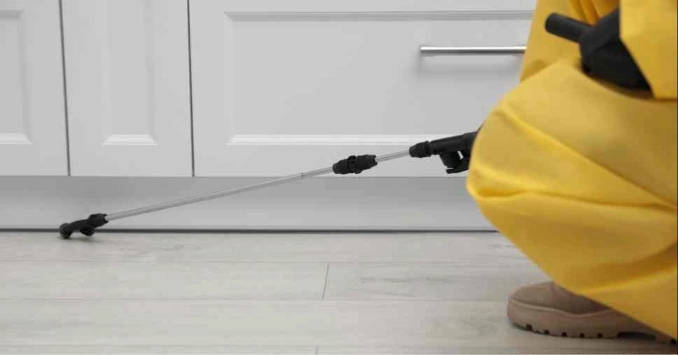 Aplicador especializado com pulverizador junto à base de um armário para combater cupim em móveis.